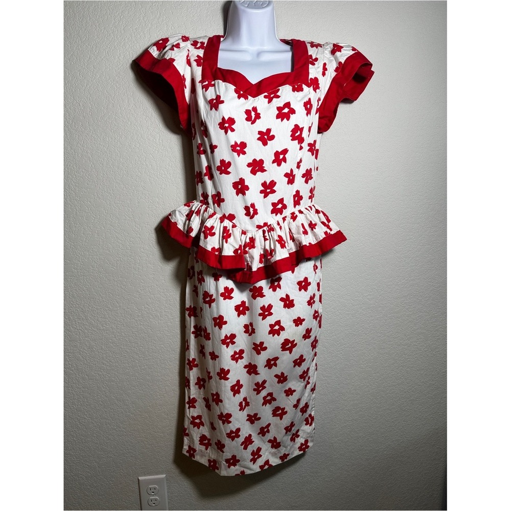Vintage 80s Sunshine Starshine Dress size 6 Red White Peplum pinup